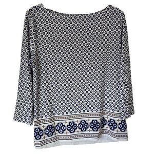 Ann Taylor Factory Geometric 3/4 Sleeve Boat Neck Career Blouse Top Women's Med
